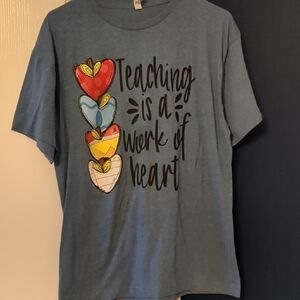 Blue Graphic Teacher T-Shirt with Heart Design